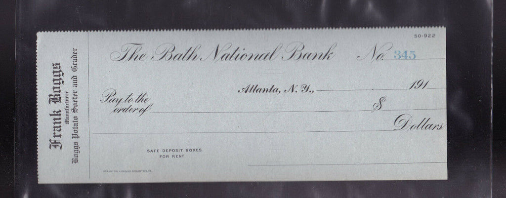 Bath National Bank Atlanta NY Unused Bank Check 1910s Boggs Potato Sorter
