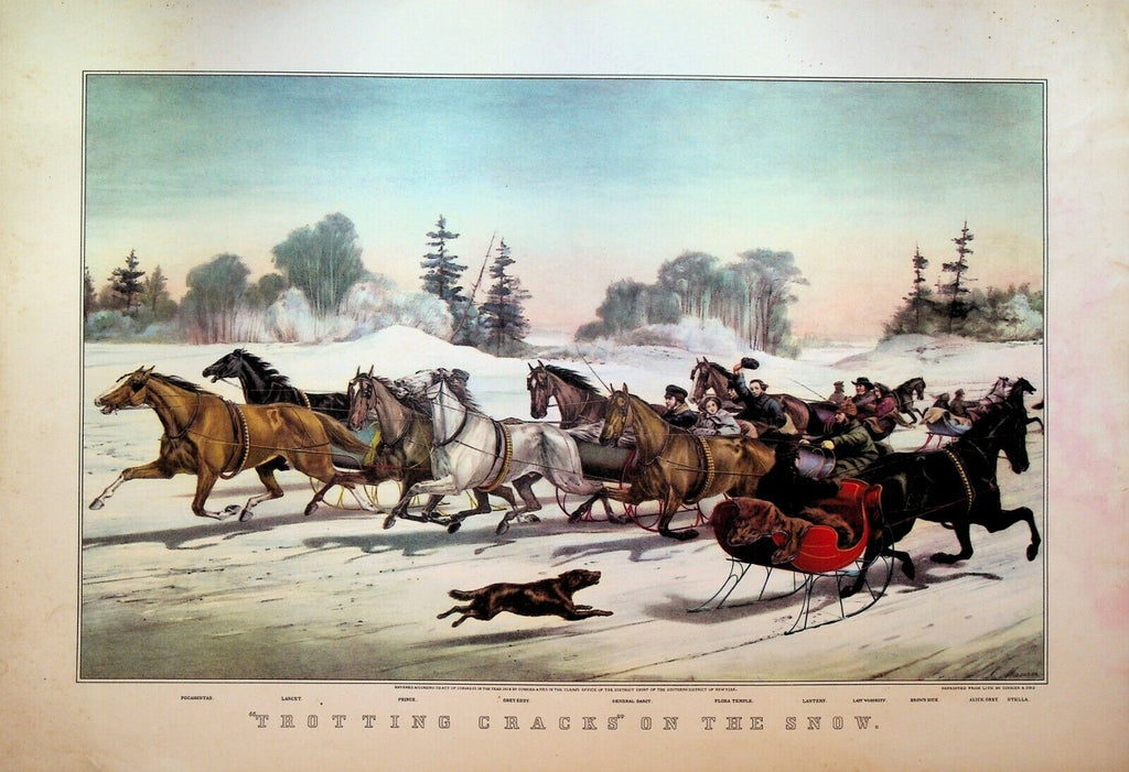 Currier & Ives Calendar Topper 1950 Trotting Cracks on the Snow Horses Sleighs