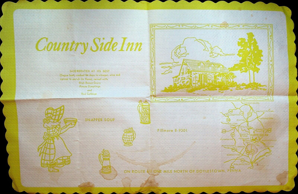 Country Side Inn Paper Placemat Doylestown Pennsylvania 1960s