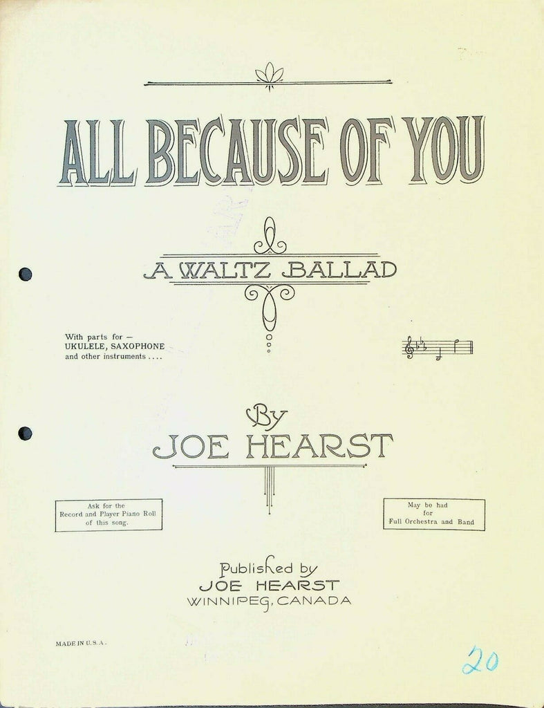 All Because of You Waltz Ballad Sheet Music Joe Hearst 1931 Winnipeg