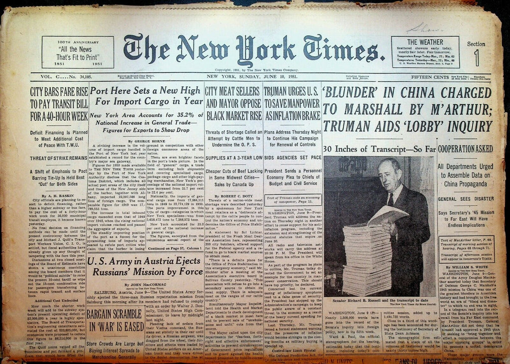 The New York Times June 10 1951 Korean War Russia China Harry Truman