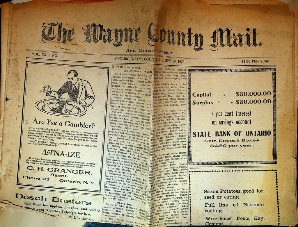 The Wayne County Mail Newspaper June 29 1923 NY Emma Redell Trade With China