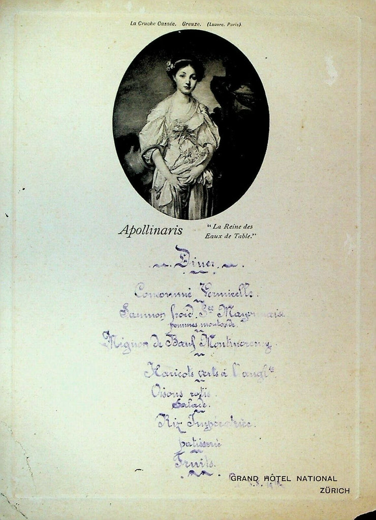 Grand Hotel National Zurich Switzerland 1920s Dinner Menu