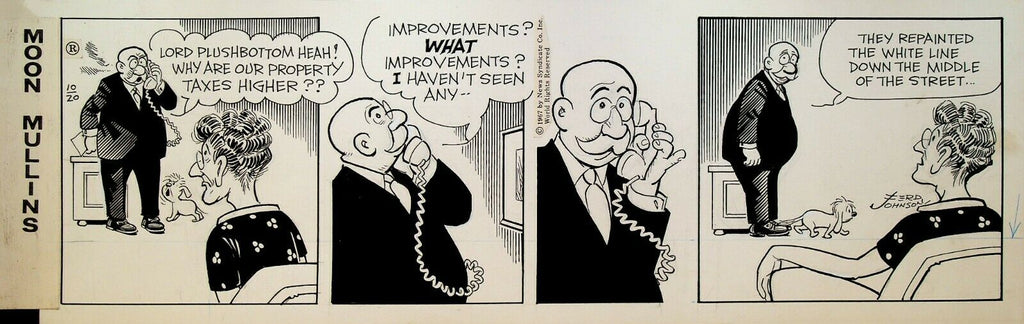 Moon Mullins Ferd Johnson Original Comic Strip Art October 20 1967 High Taxes