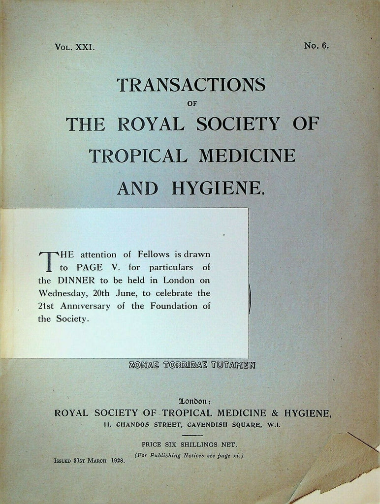 Royal Society of Tropical Medicine & Hygiene March 1928 Tuberculosis Malaria
