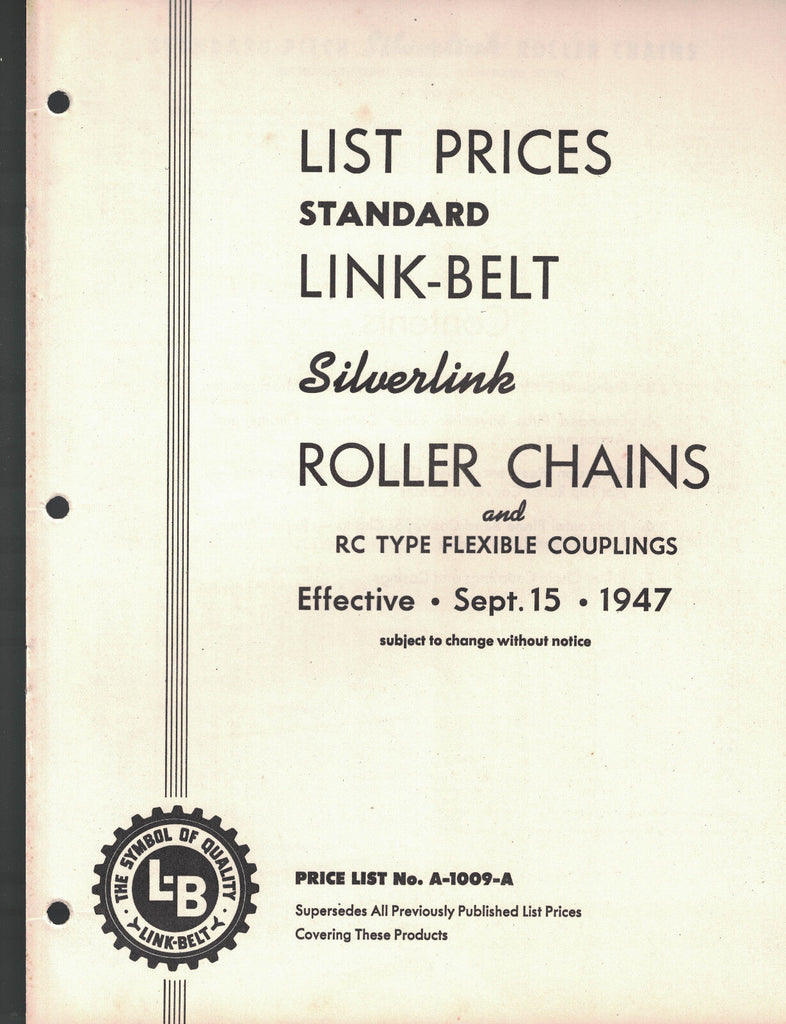 Link-Belt Silverlink Roller Chains Price List September 15 1947