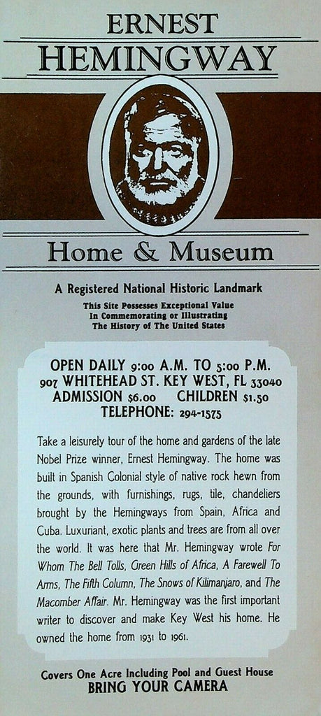 Ernest Hemingway Home & Museum Key West Florida Advertising Card 1980s