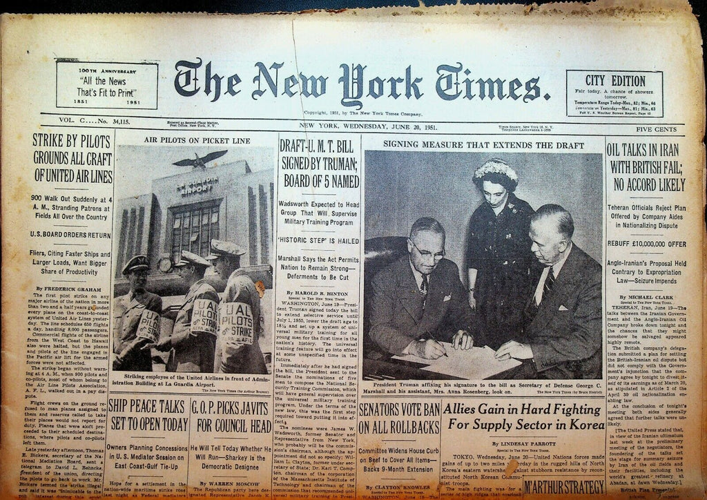 The New York Times June 20 1951 Korean War Jacob Javits United Airlines Strike