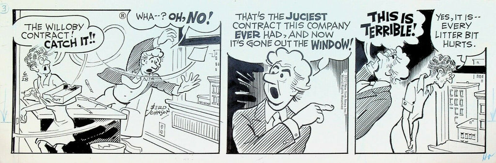 Moon Mullins Original Comic Strip Art Ferd Johnson June 28 1972 Contract Litter