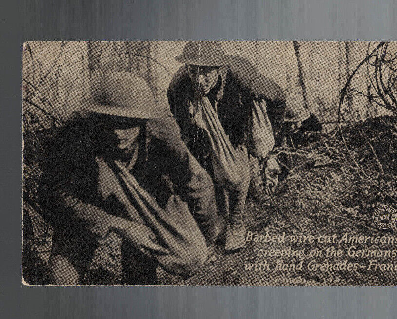 Barbed Wire Cut Americans Creeping on Germans w Hand Grenades Postcard