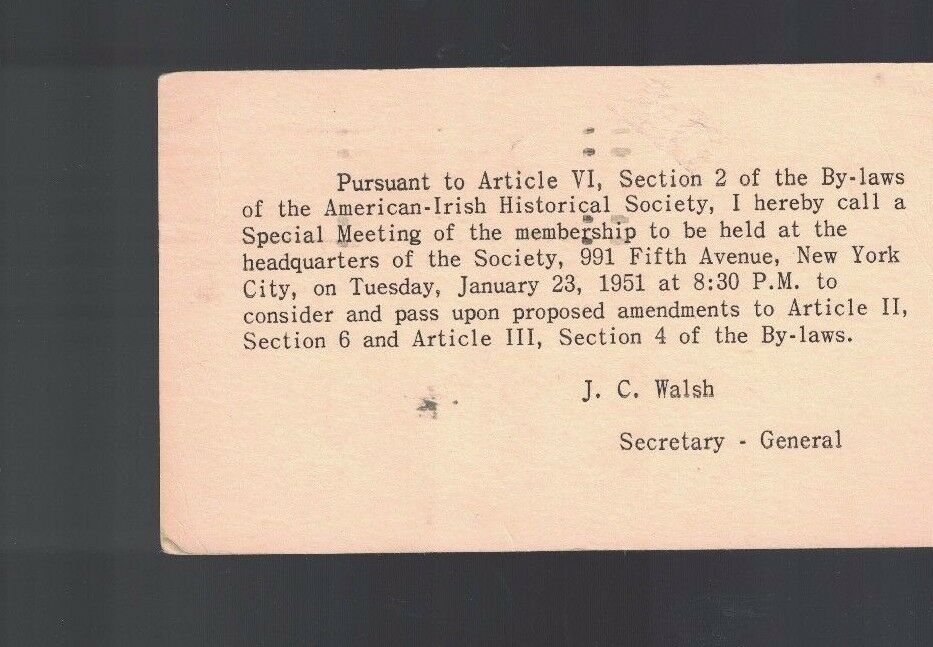 American Irish Historical Society 1951 Meeting Notice Card New York City