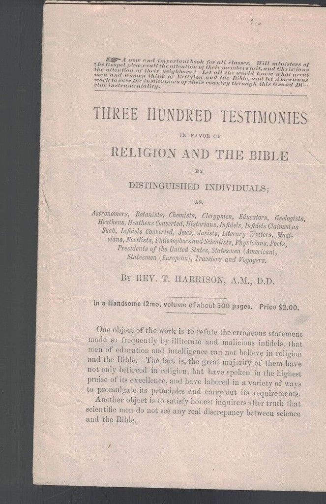 Three Hundred Testimonies in Favor of Religion & the Bible Rev Harrison Booklet