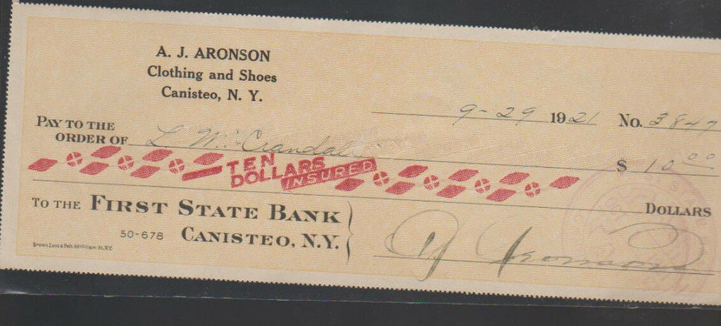 First State Bank of Canisteo NY Used Check 1921 AJ Aronson