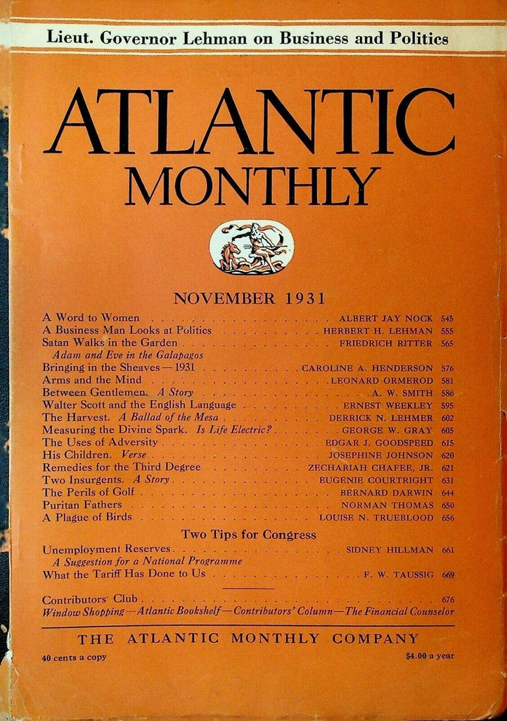 Atlantic Magazine November 1931 Sir Walter Scott Eugenie Courtright