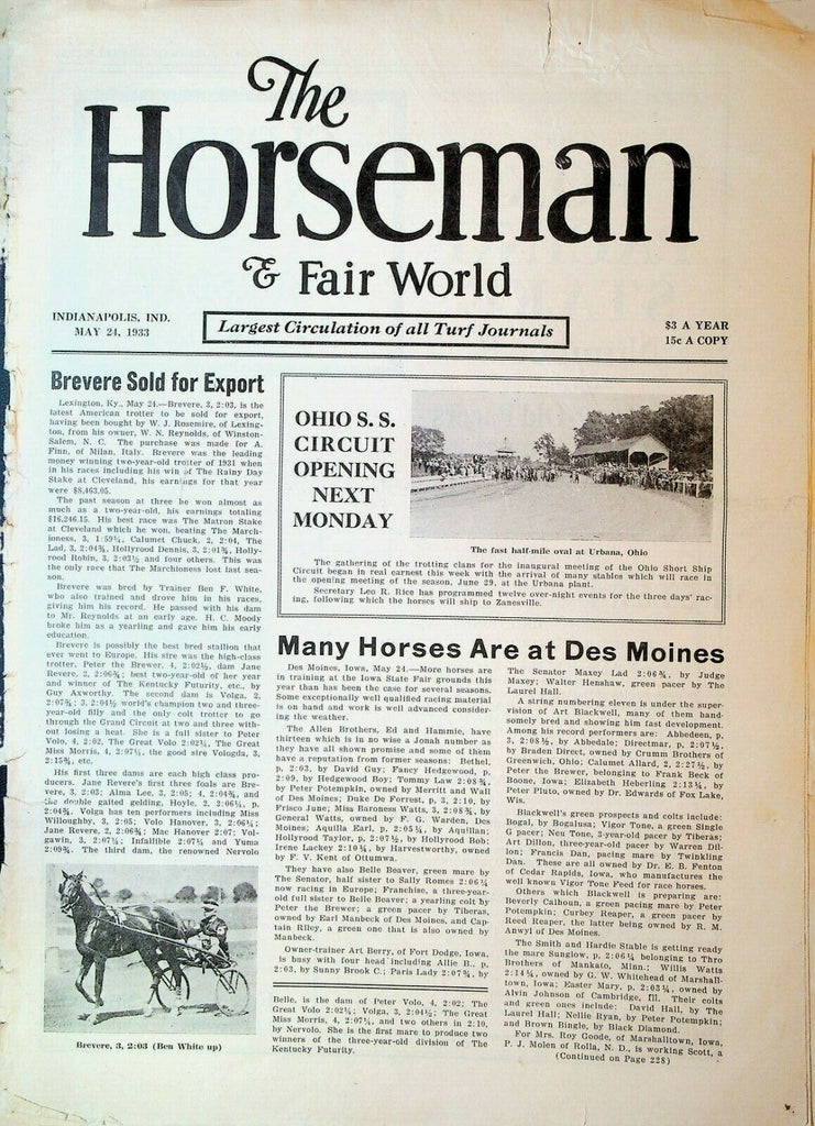 Horseman & Fair World Magazine Harness Racing May 24 1933 Brevere Urbana Ohio