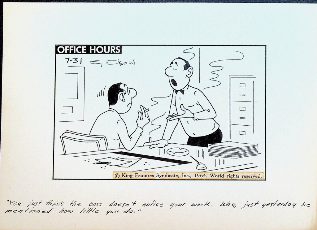 Office Hours by Cy Olson Original Comic Strip Art July 31 1964 Lazy Worker