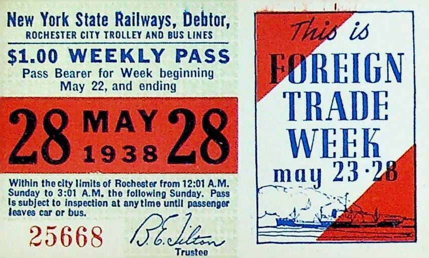 Rochester City Trolley & Bus Lines Pass May 28 1938 Foreign Trade Week
