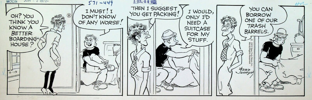 Moon Mullins Original Comic Strip Art Ferd Johnson June 19 1972 Boarding House