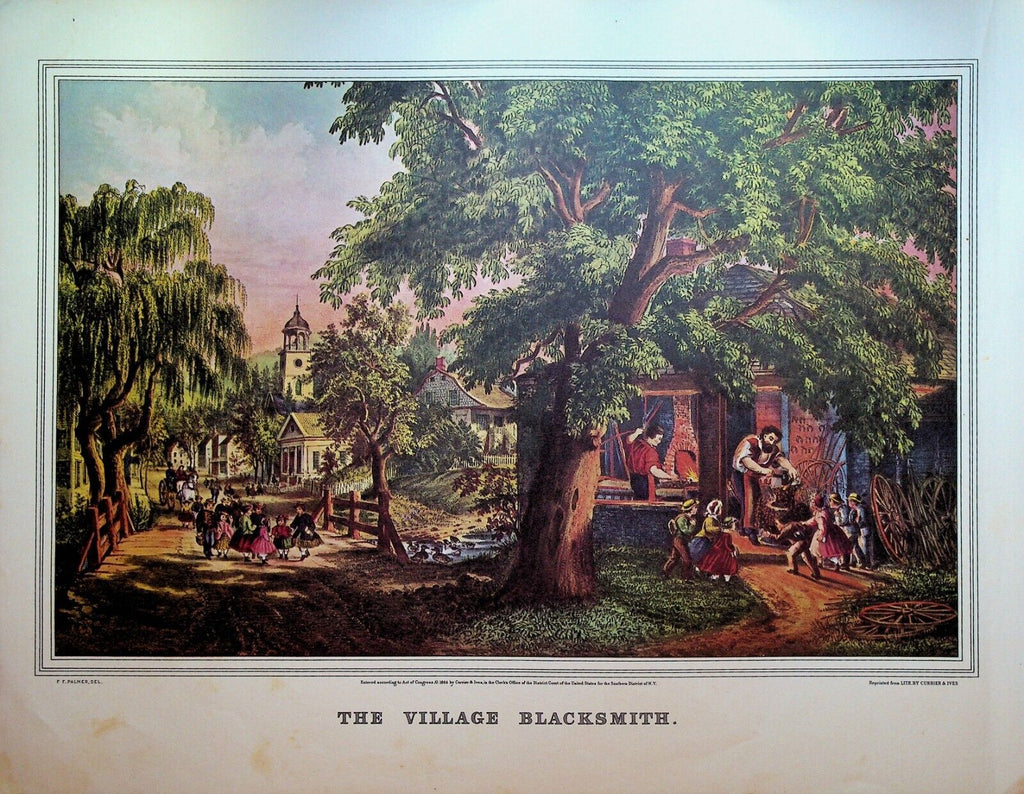 Currier & Ives Print Village Blacksmith The Old Oaken Bucket
