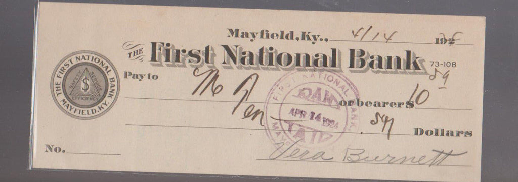 First National Bank Mayfield Kentucky Used Bank Check 1924