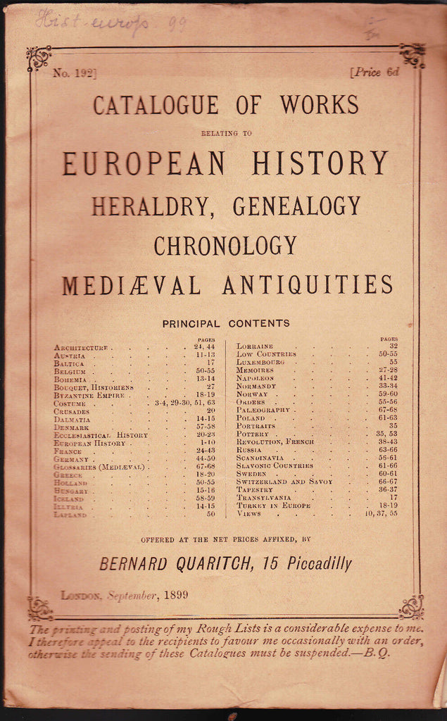 Bernard Quaritch Catalog of Books European History Heraldry Genealogy 1899 #192