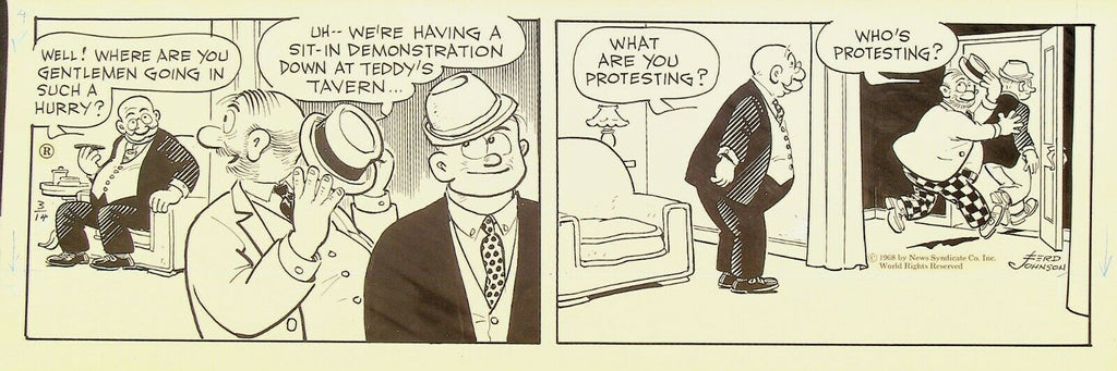 Moon Mullins Ferd Johnson Original Comic Strip Art March 14 1968 Sit-In