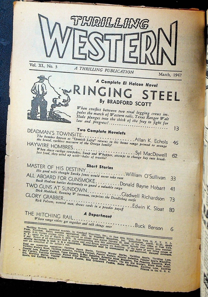 Thrilling Western Pulp March 1947 Bradford Scott Syl MacDowell Buck Benson