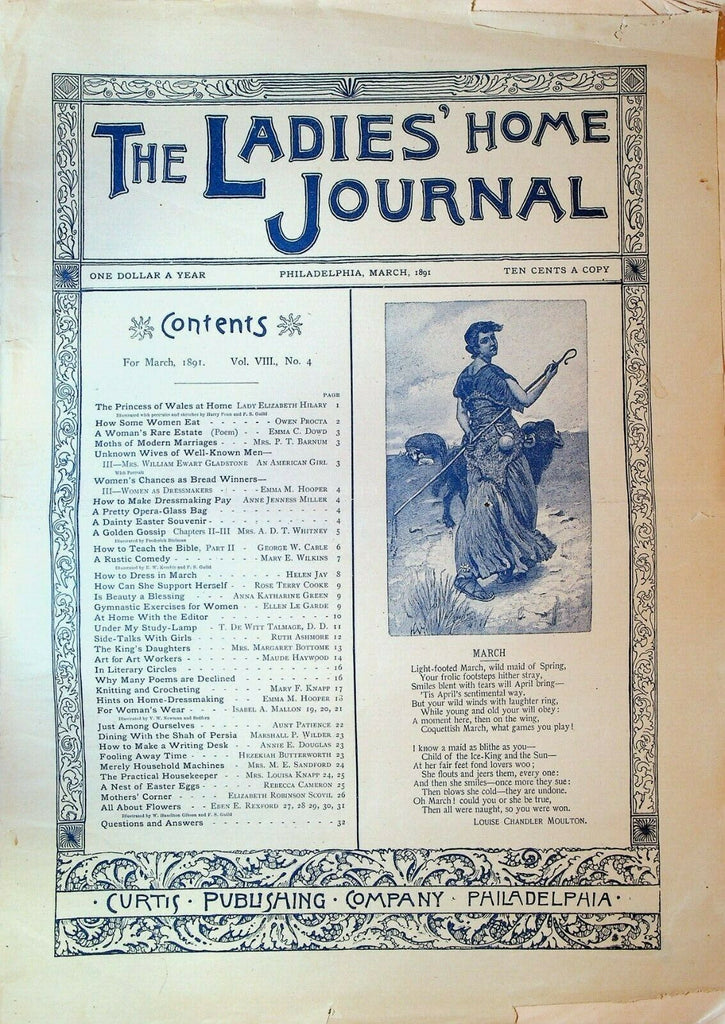 Ladies Home Journal March 1891 Shah of Persia Mrd ADT Whitney Knitting Crochet