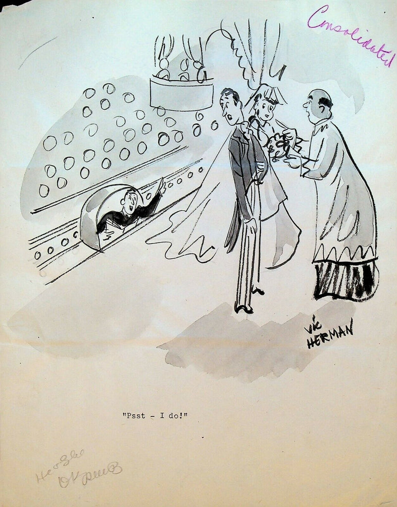 Vic Herman Original Art 1940s Bride Groom Marriage Minister On Stage