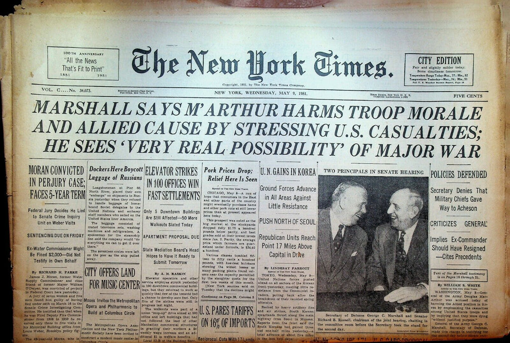 The New York Times May 9 1951 Korean War Douglas MacArthur James Moran