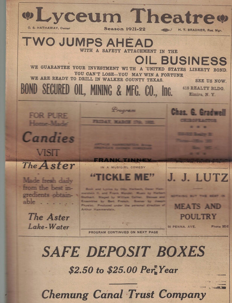 Tickle Me Play Program Lyceum Theatre Elmira NY 1920 OS Hathaway Frank Tinney