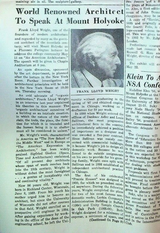 Mount Holyoke News Frank Lloyd Wright 1955 Lot of 2 Student Newspapers
