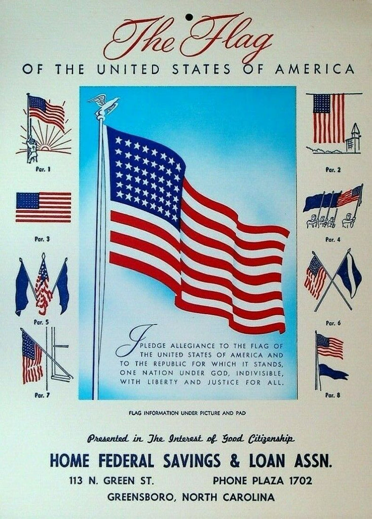 Home Federal Savings & Loan Greensboro NC June 1958 Calendar USA Flag