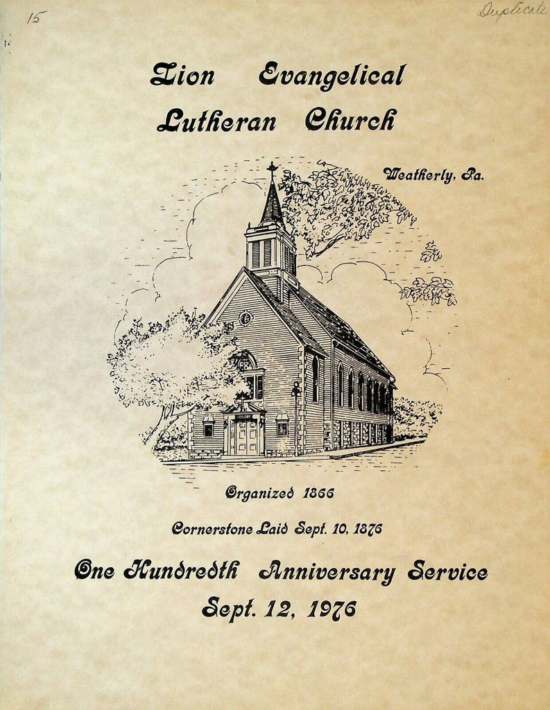 Zion Evangelical Lutheran Church Weatherly Pa September 12 1976 Anniversary