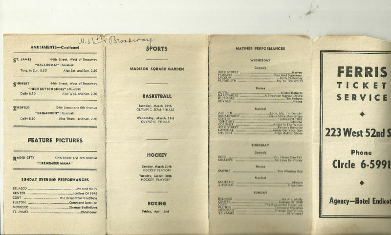 Ferris Ticket Services List of Amusements in New York City 1948 Brochure