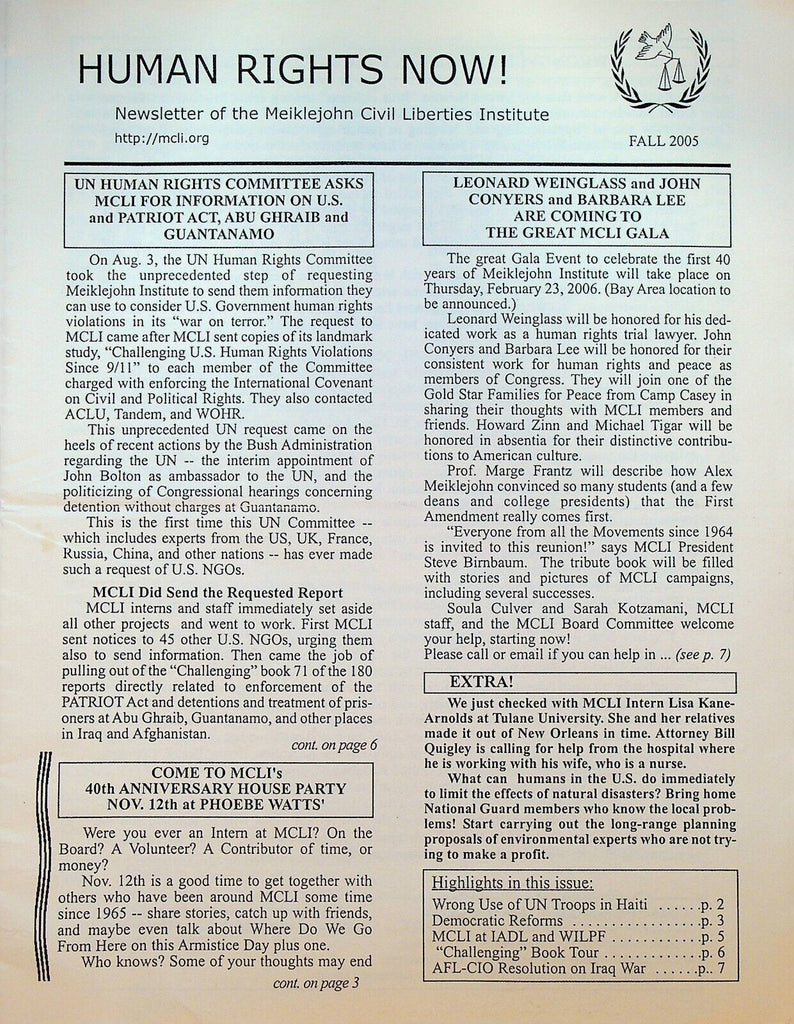 Human Rights Now Newsletter Fall 2005 Patriot Act Abu Ghraib
