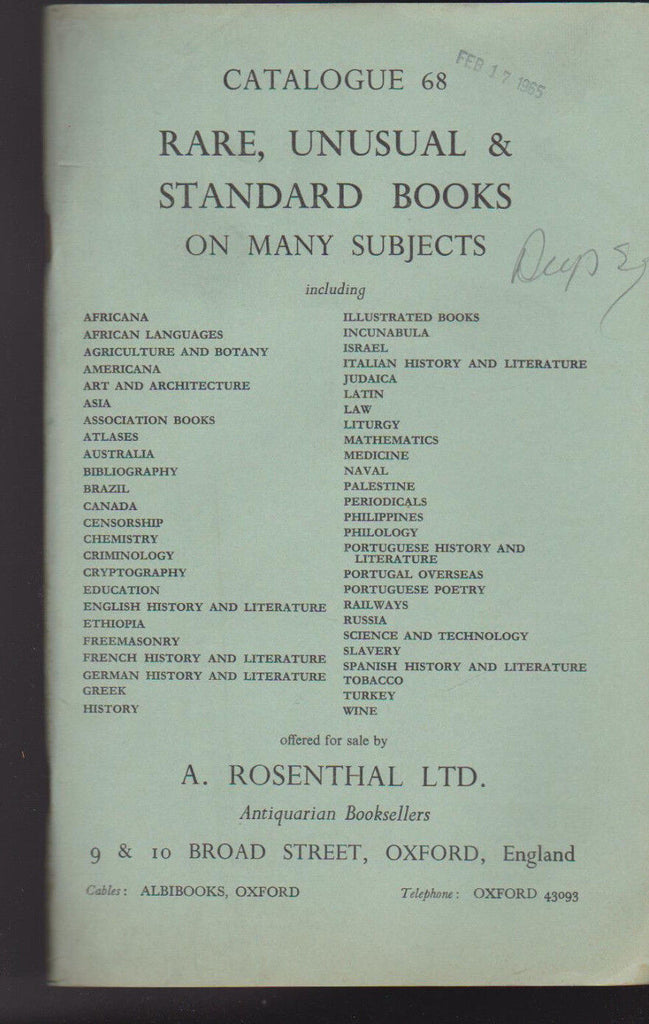 A Rosenthal Ltd Catalogue 68 Rare Unusual & Standard Books