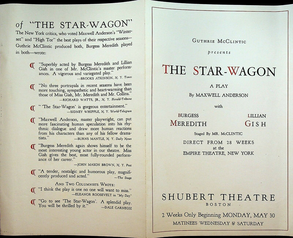 Star Wagon Play Program Burgess Meredith Lillian Gish 1938 Shubert Theatre