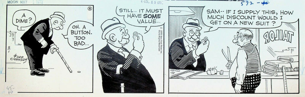 Moon Mullins Original Comic Strip Art Ferd Johnson May 1 1972 Tailor Button