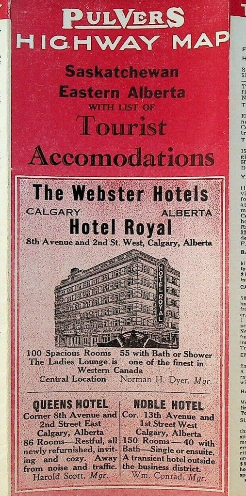 Pulvers Highway Map 1941 Saskatchewan Eastern Alberta Canada Accommodations