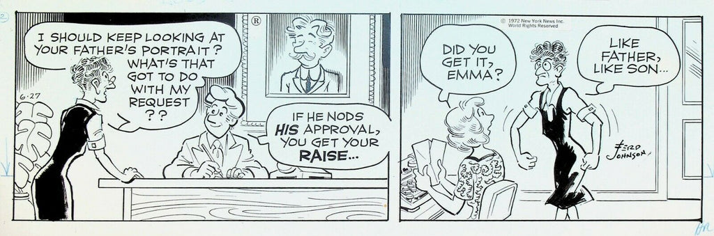 Moon Mullins Original Comic Strip Art Ferd Johnson June 27 1972 Raise Work