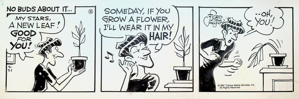 Moon Mullins Original Comic Strip Art Ferd & Tom Johnson February 21 1987 Flower
