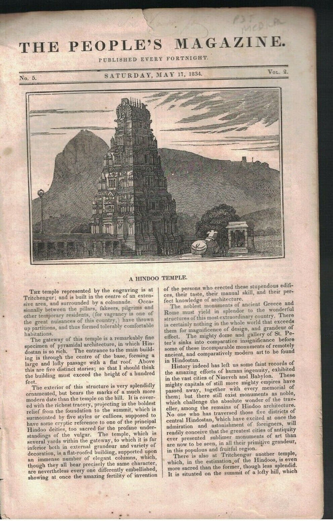 The People's Magazine May 17 1834 Hindu Temple Cherokees Robin Hood Sailing