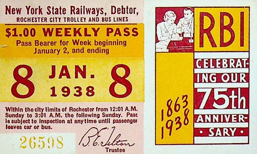 Rochester City Trolley & Bus Lines Pass January 8 1938 Business Institute