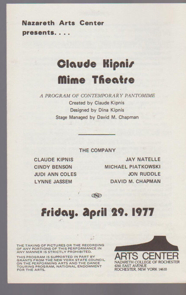 Claude Kipnis Mime Theatre Program April 29 1977 Nazareth College Rochester NY