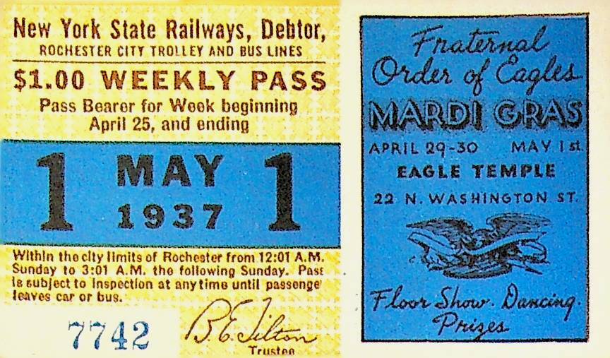 Rochester City Trolley & Bus Lines Pass May 1 1937 Eagles Mardi Gras