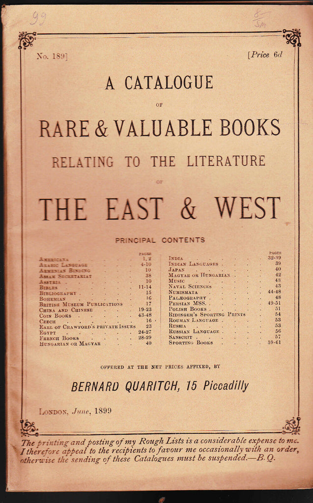 Bernard Quaritch Catalog of Books Literature of the East & West 1899  #189