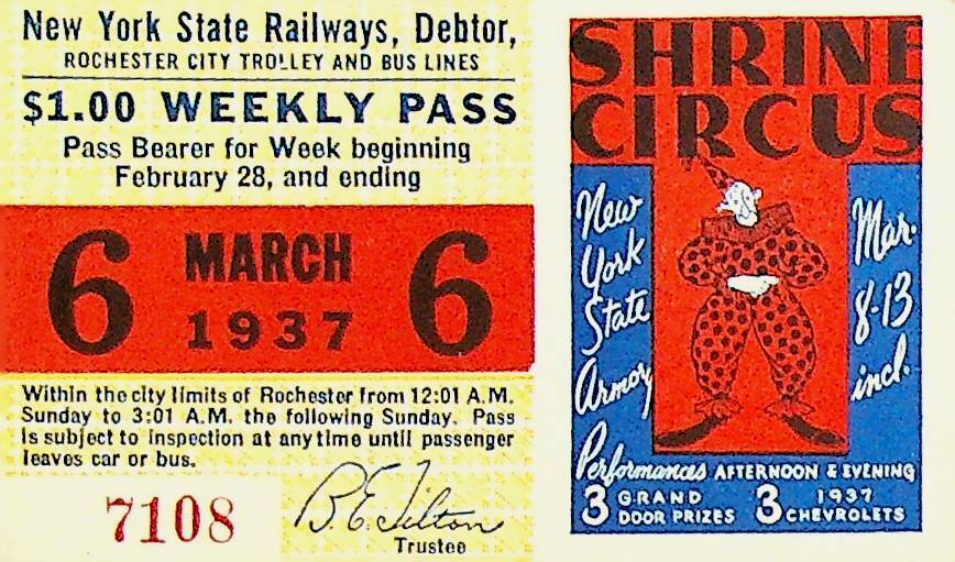 Rochester City Trolley & Bus Lines Pass March 6 1937 Shrine Circus