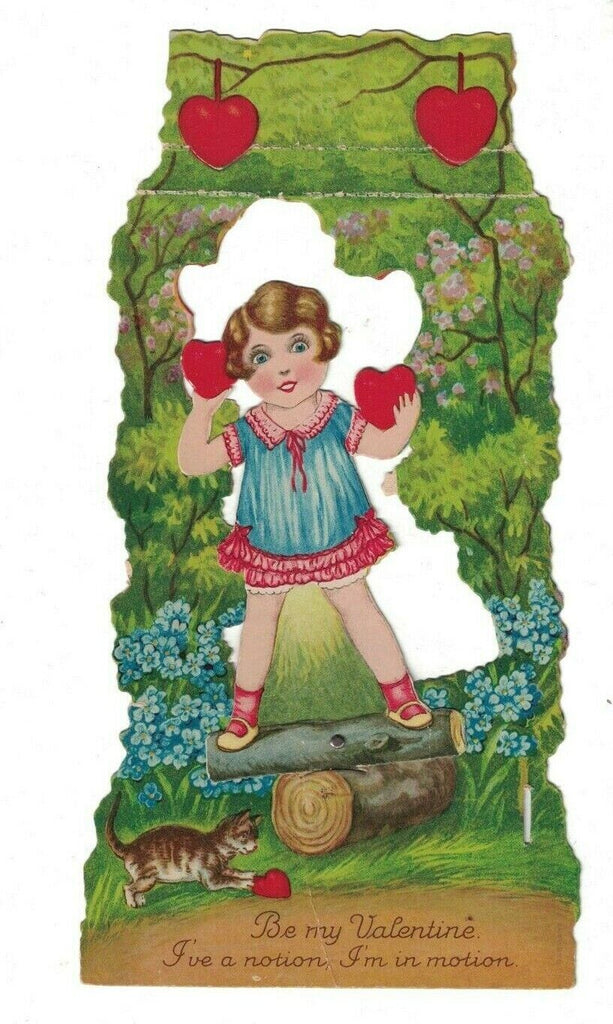 Girl See Saw on Log Mechanical Valentines Day Card Cat Hearts