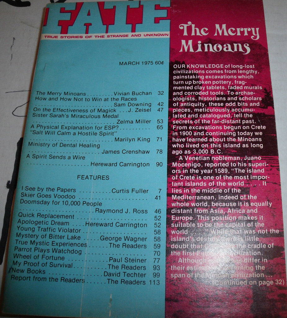 Fate Magazine March 1975 Merry Minoans, Sister Sarah, Dental Healing